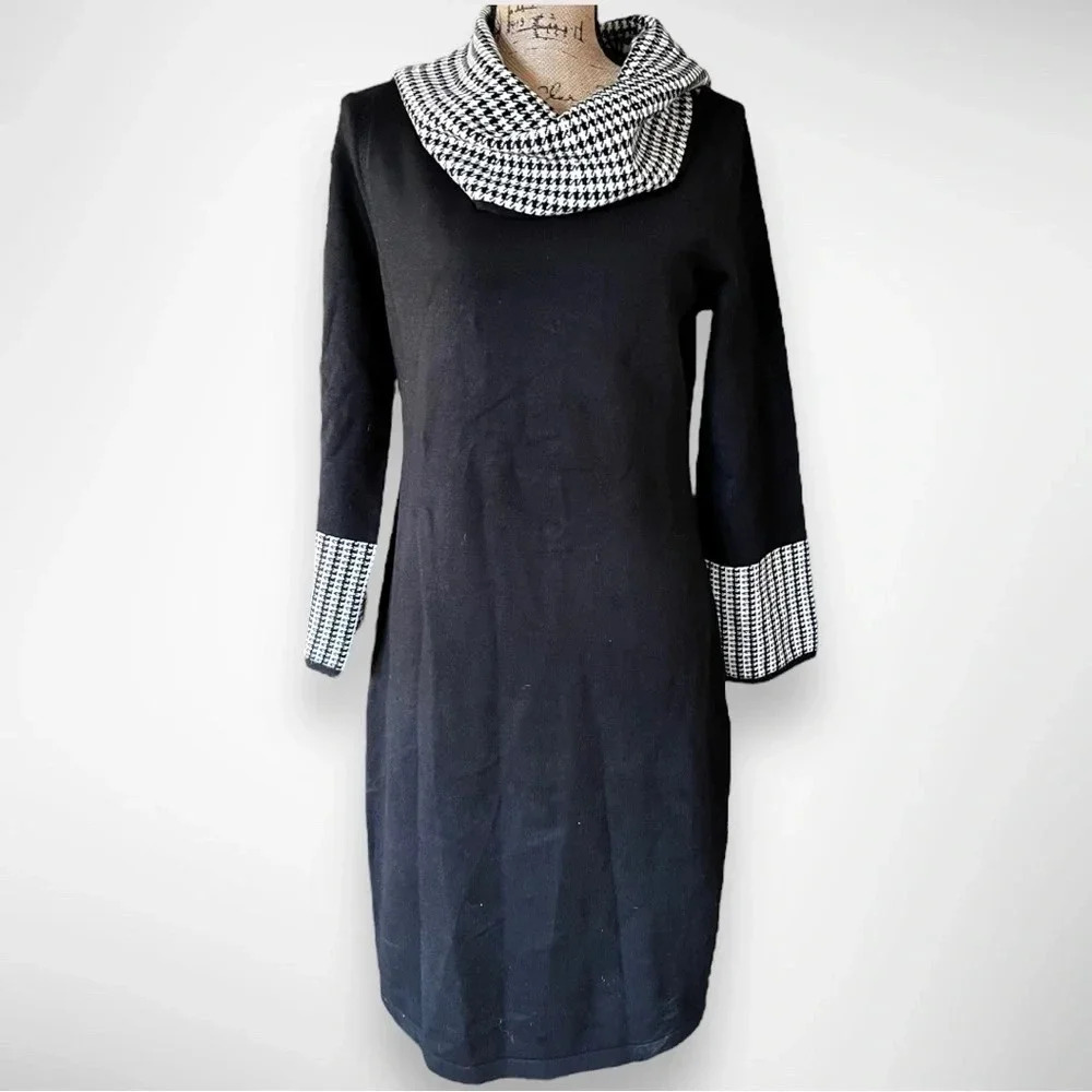 LASCANA Black and White Houndstooth Cowl Next‎ Sweater Dress | Medium | NWT